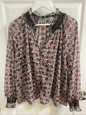 Zara floral print burgundy and grey chiffon blouse black crochet Women’s Medium
